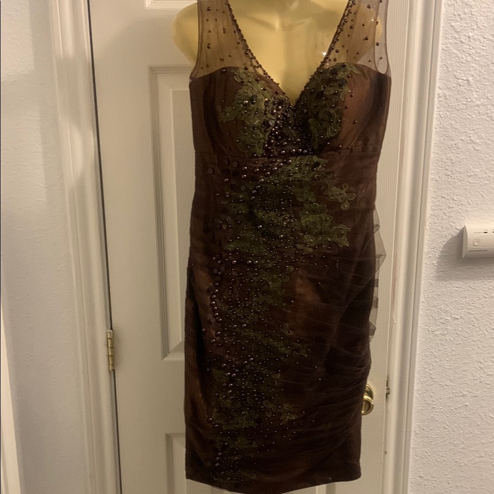 Social Occasions by Mon Cheri Brown and Green Embellished Midi Dress